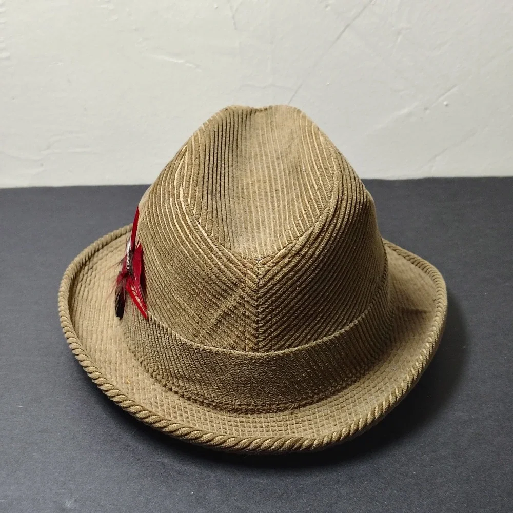 VINTAGE Fedora Hat Men 7 1/8 Gold Corduroy Paisley Lining Feather 1960s
